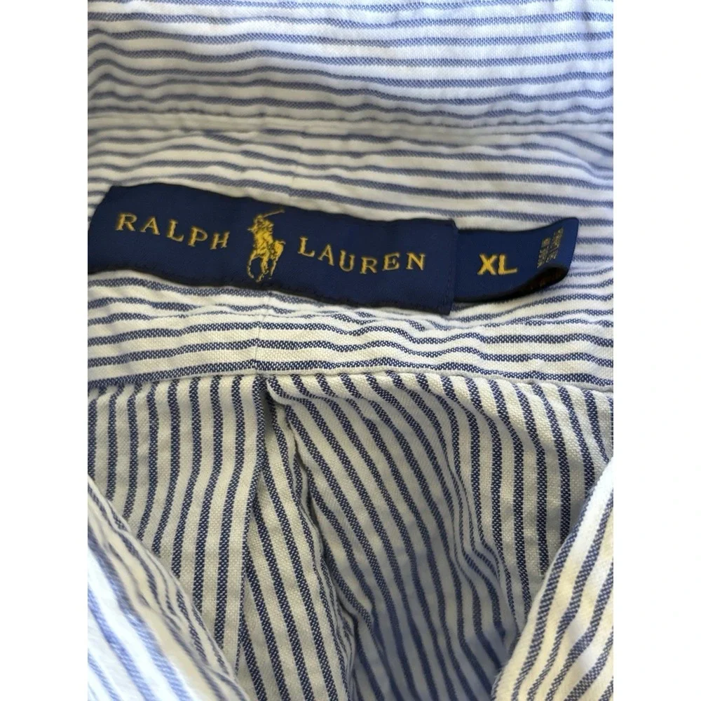 Mens Polo Ralph Lauren Dress Shirt XL Blue Button Cotton Short Sleeve Seersucker